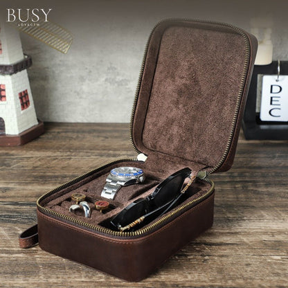 Cutie colectie ceas, ochelari, bijuterii, din piele naturala Crazy Horse, Caliber BUSY LDY & GTM® - coffee