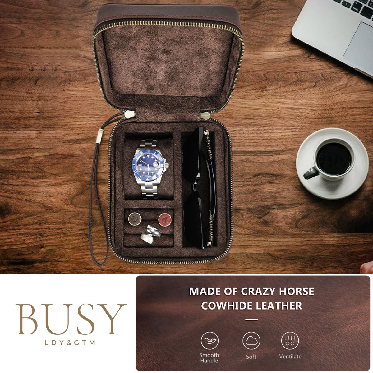 Cutie colectie ceas, ochelari, bijuterii, din piele naturala Crazy Horse, Caliber BUSY LDY & GTM® - coffee
