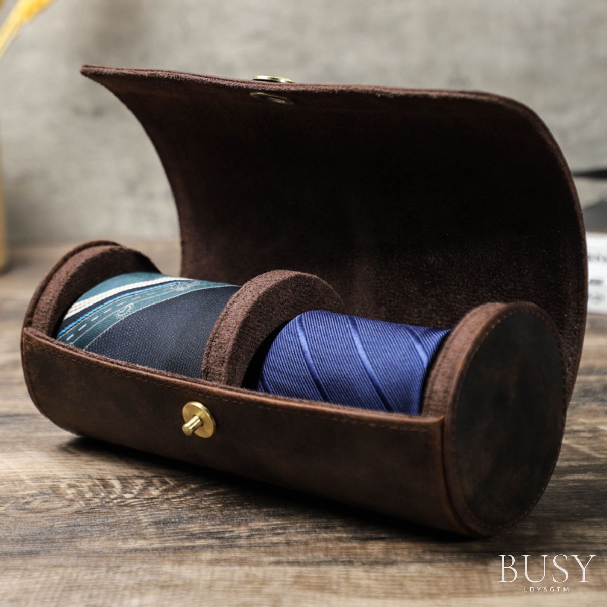 Cutie cravata din piele naturala Crazy Horse, 2 cravate, BUSY LDY & GTM® - coffee