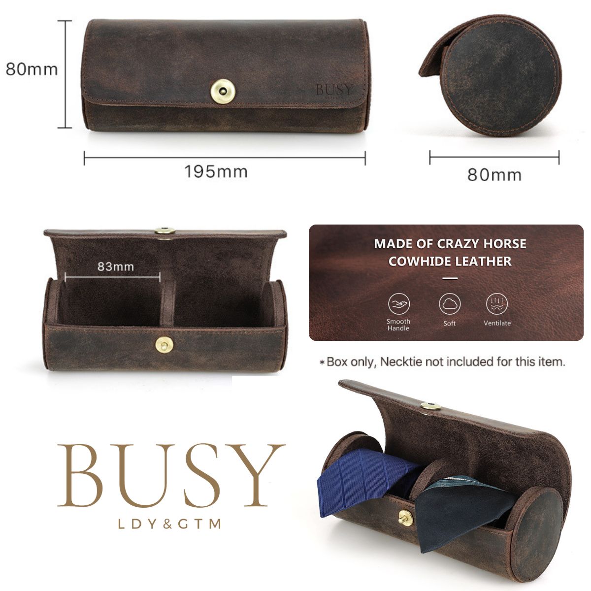 Cutie cravata din piele naturala Crazy Horse, 2 cravate, BUSY LDY & GTM® - coffee