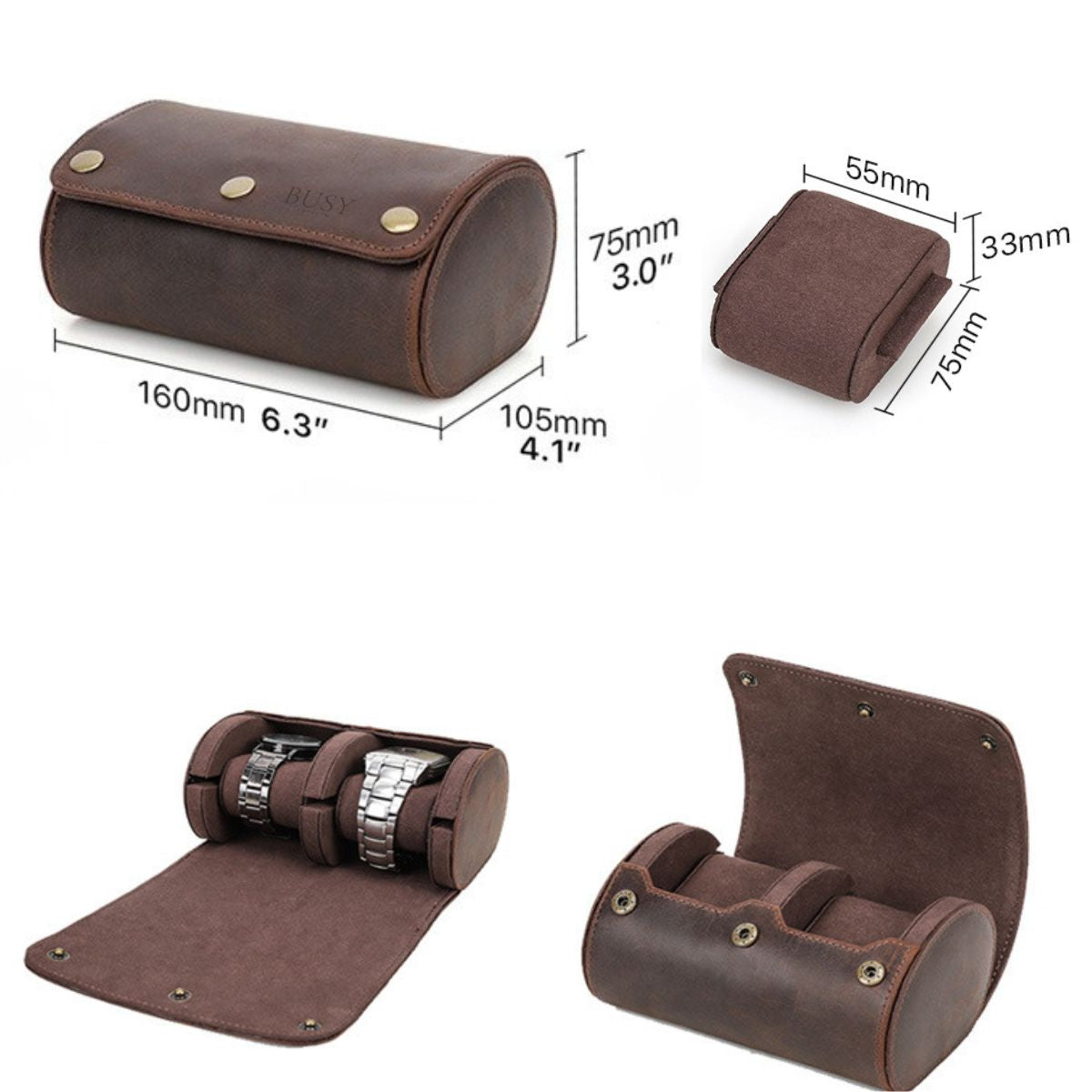 Cutie pentru colecția de ceasuri din piele naturală Crazy Horse | Watch Roll Premium pentru 2 ceasuri | BUSY LDY & GTM® Graal - coffee