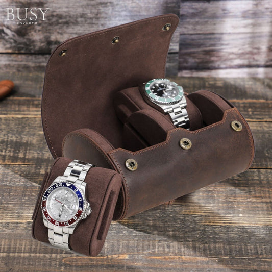 Cutie pentru colecția de ceasuri din piele naturală Crazy Horse | Watch Roll Premium pentru 2 ceasuri | BUSY LDY & GTM® Graal - coffee