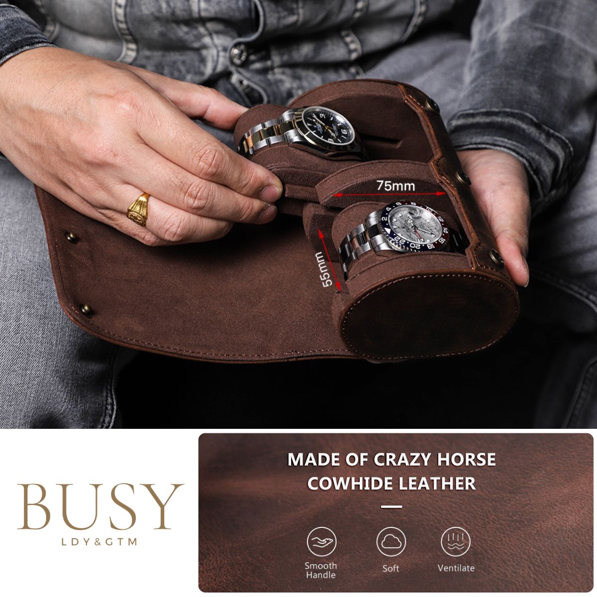 Cutie pentru colecția de ceasuri din piele naturală Crazy Horse | Watch Roll Premium pentru 2 ceasuri | BUSY LDY & GTM® Graal - coffee