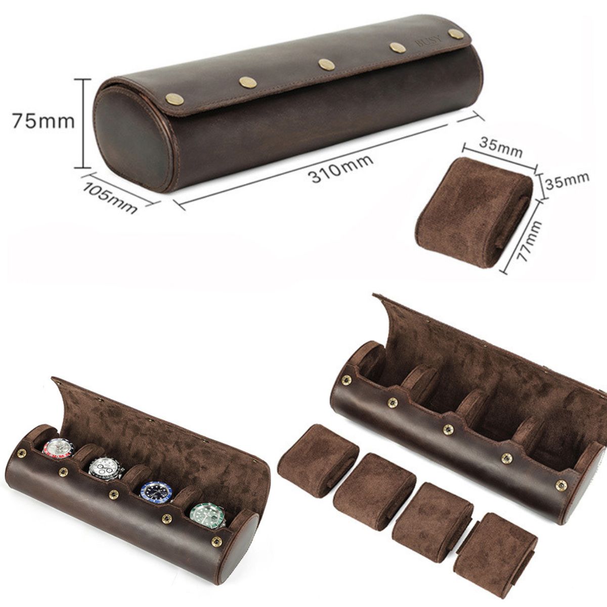 Cutie pentru colecția de ceasuri din piele naturală Crazy Horse | Watch Roll Premium pentru 4 ceasuri | BUSY LDY & GTM® Graal - coffee