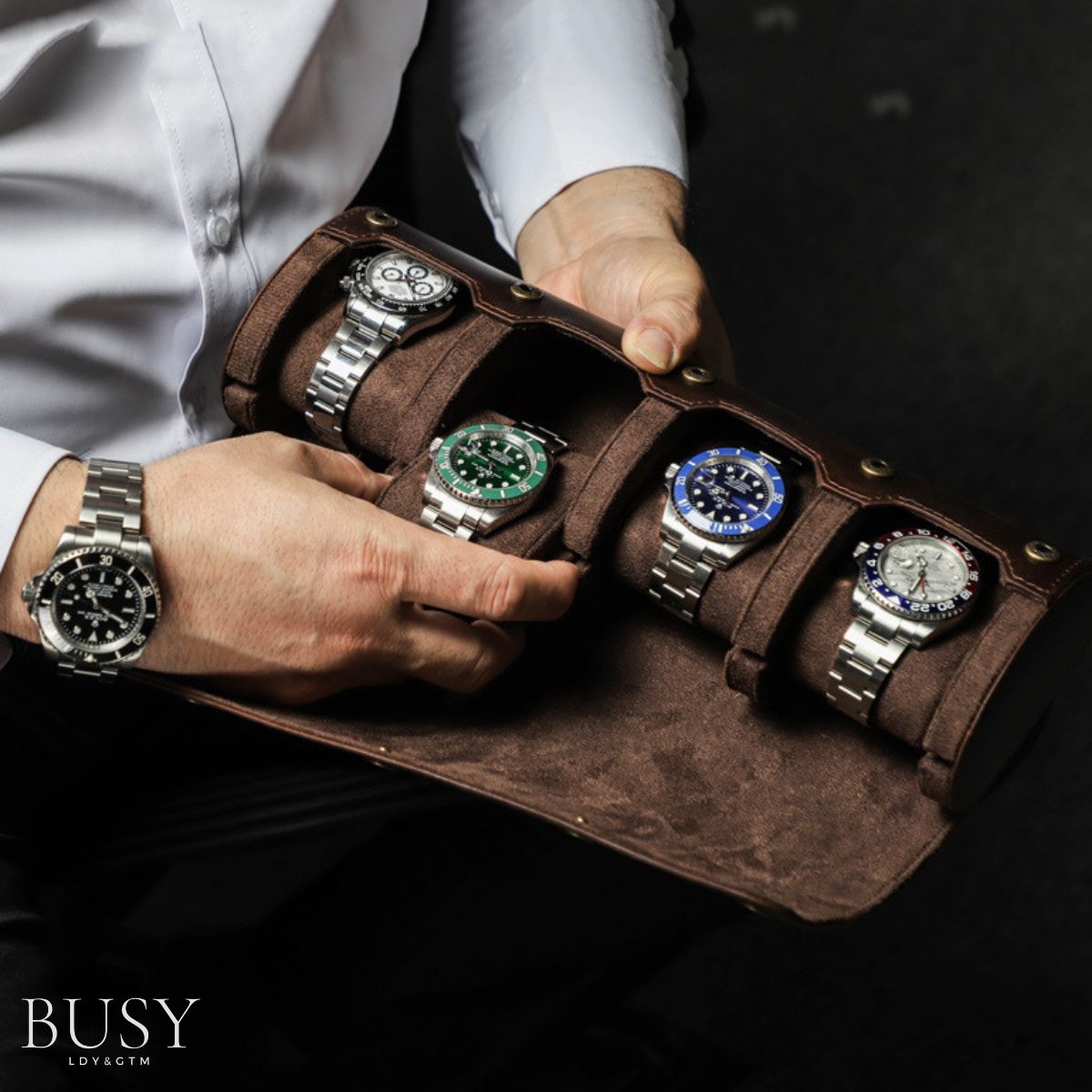 Cutie pentru colecția de ceasuri din piele naturală Crazy Horse | Watch Roll Premium pentru 4 ceasuri | BUSY LDY & GTM® Graal - coffee