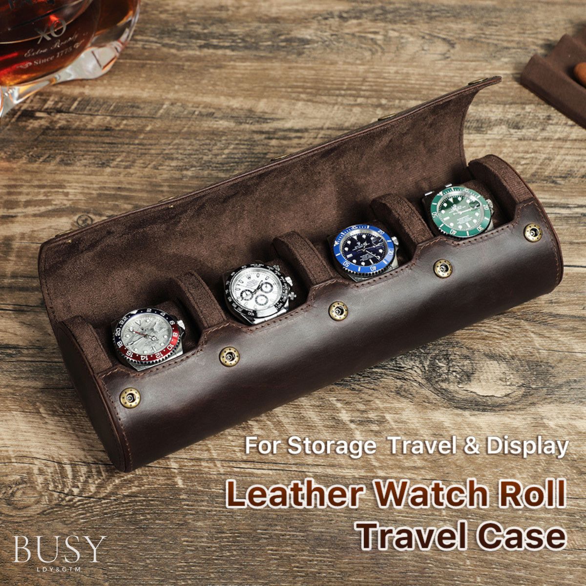 Cutie pentru colecția de ceasuri din piele naturală Crazy Horse | Watch Roll Premium pentru 4 ceasuri | BUSY LDY & GTM® Graal - coffee