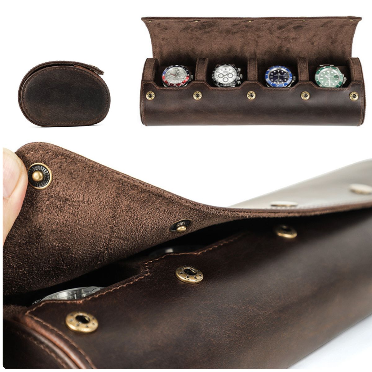 Cutie pentru colecția de ceasuri din piele naturală Crazy Horse | Watch Roll Premium pentru 4 ceasuri | BUSY LDY & GTM® Graal - coffee