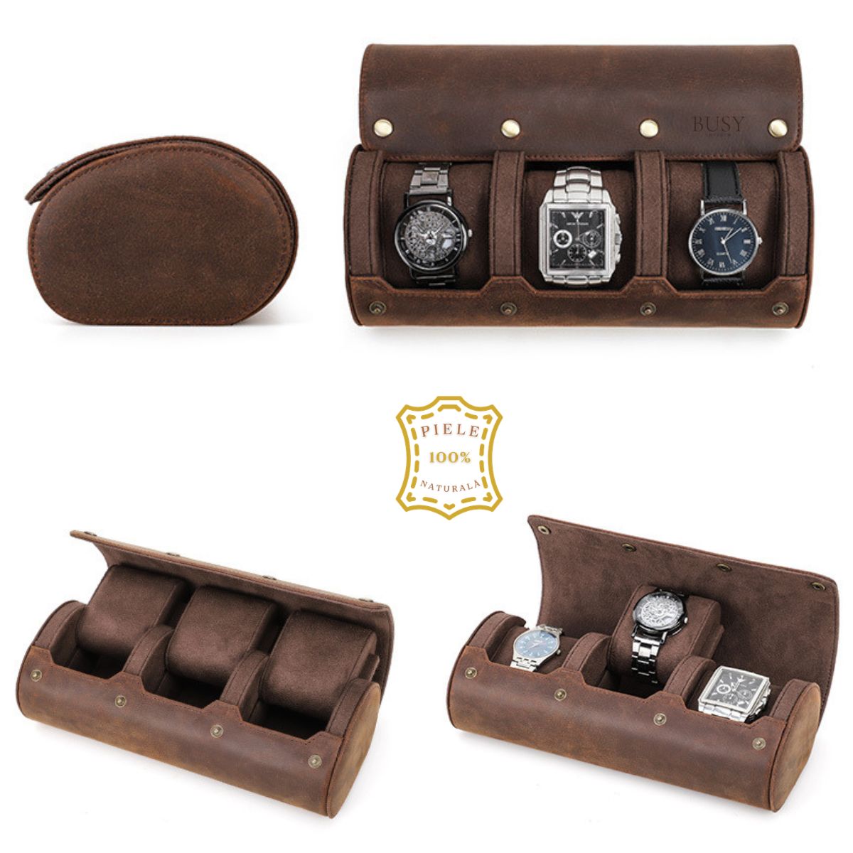 Cutie pentru colecția de ceasuri din piele naturală Crazy Horse | Watch Roll Premium pentru 3 ceasuri | BUSY LDY & GTM® Graal - coffee