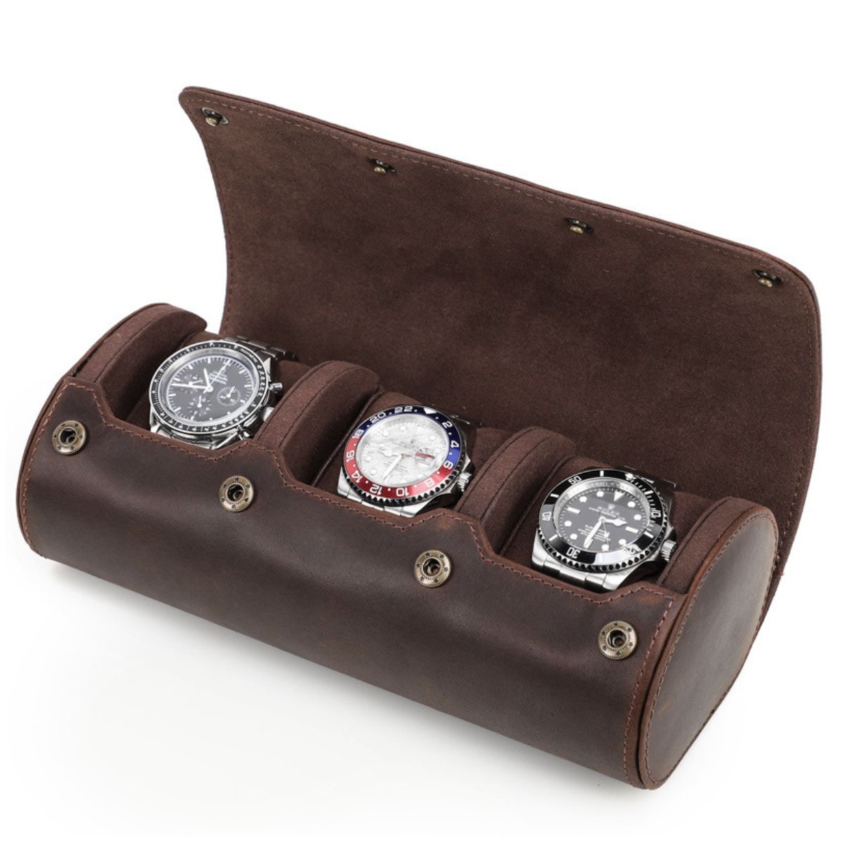Cutie pentru colecția de ceasuri din piele naturală Crazy Horse | Watch Roll Premium pentru 3 ceasuri | BUSY LDY & GTM® Graal - coffee