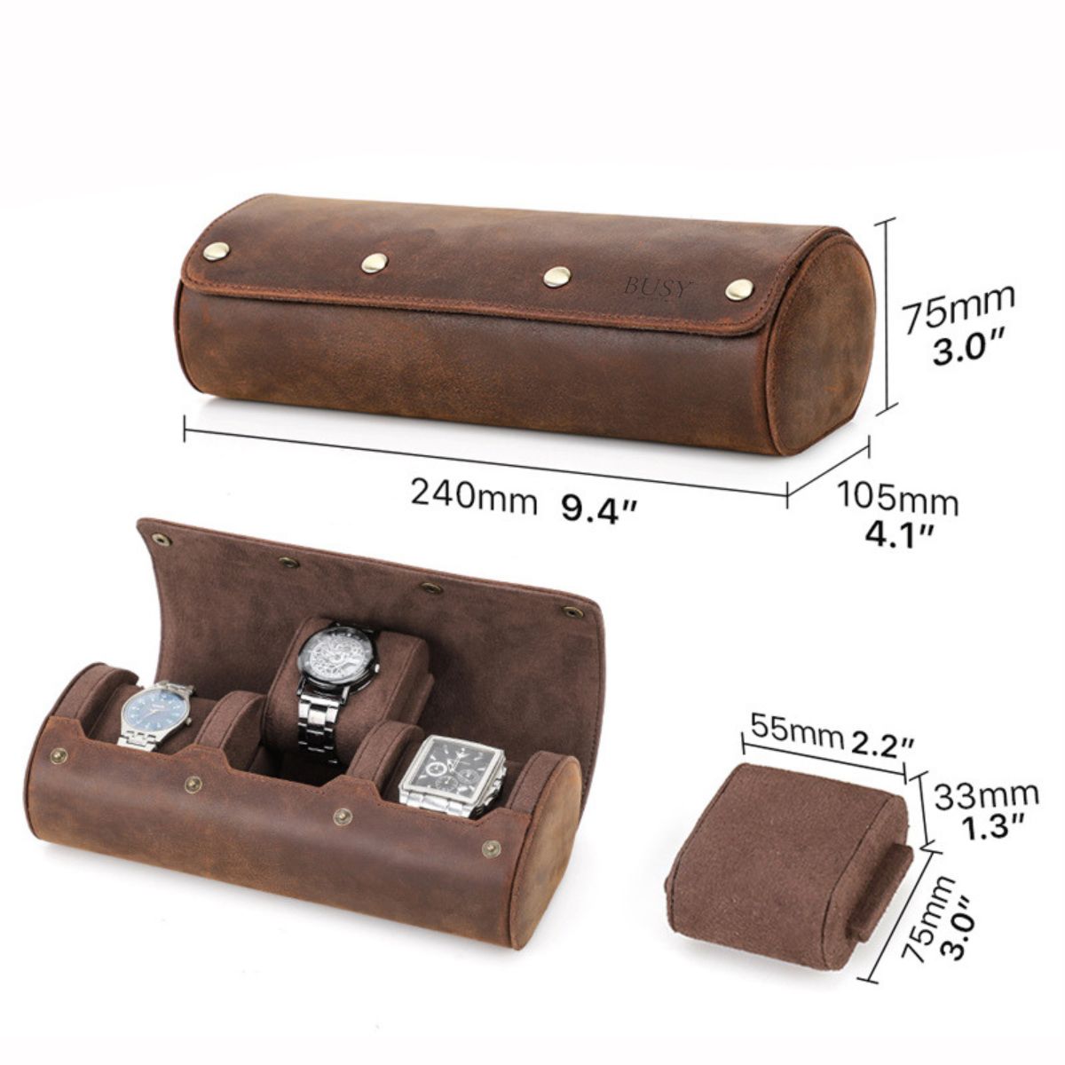 Cutie pentru colecția de ceasuri din piele naturală Crazy Horse | Watch Roll Premium pentru 3 ceasuri | BUSY LDY & GTM® Graal - coffee