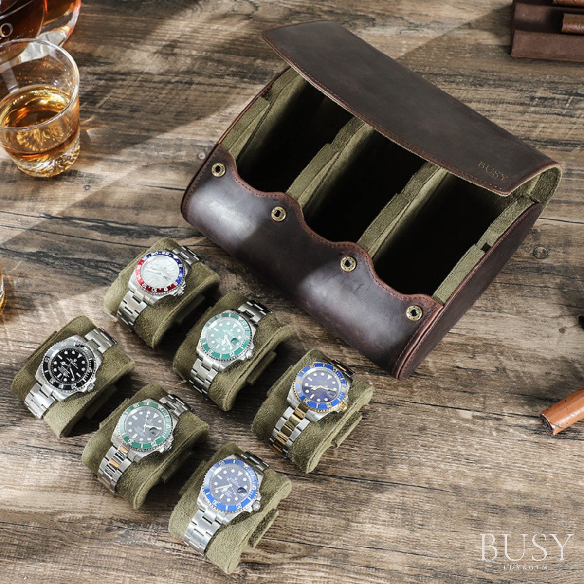 Cutie pentru colecția de ceasuri din piele naturală Crazy Horse | Watch Roll Premium pentru 6 ceasuri | BUSY LDY & GTM® Graal - coffee
