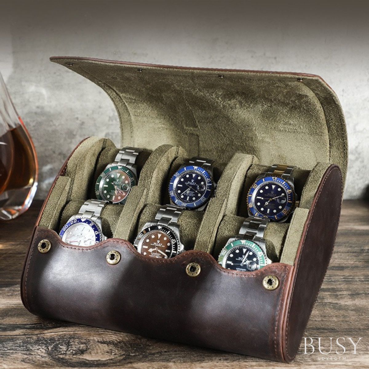 Cutie pentru colecția de ceasuri din piele naturală Crazy Horse | Watch Roll Premium pentru 6 ceasuri | BUSY LDY & GTM® Graal - coffee