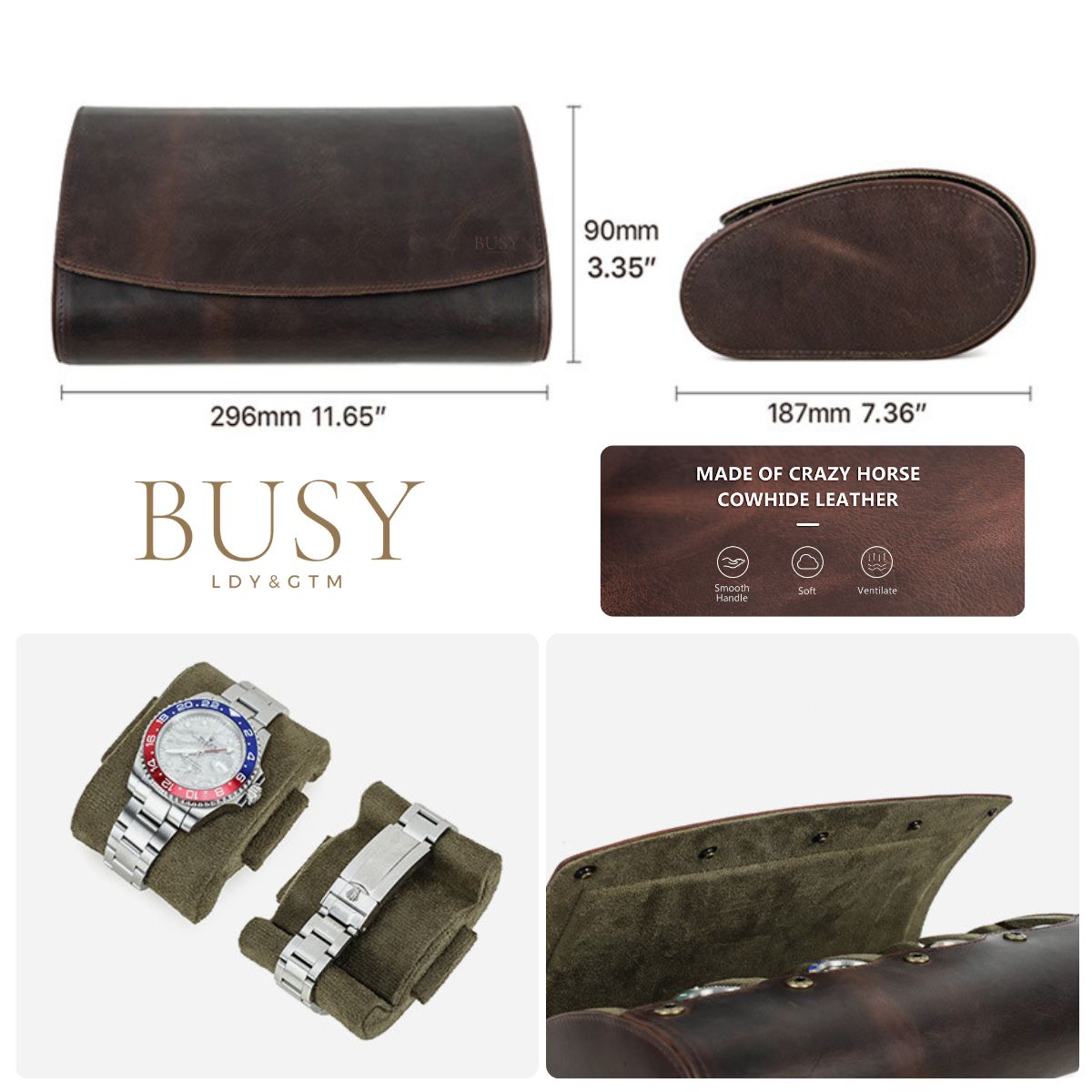 Cutie pentru colecția de ceasuri din piele naturală Crazy Horse | Watch Roll Premium pentru 8 ceasuri | BUSY LDY & GTM® Graal - coffee