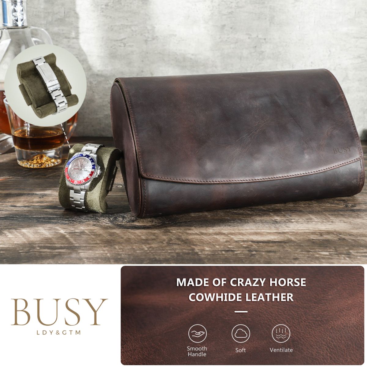 Cutie pentru colecția de ceasuri din piele naturală Crazy Horse | Watch Roll Premium pentru 8 ceasuri | BUSY LDY & GTM® Graal - coffee