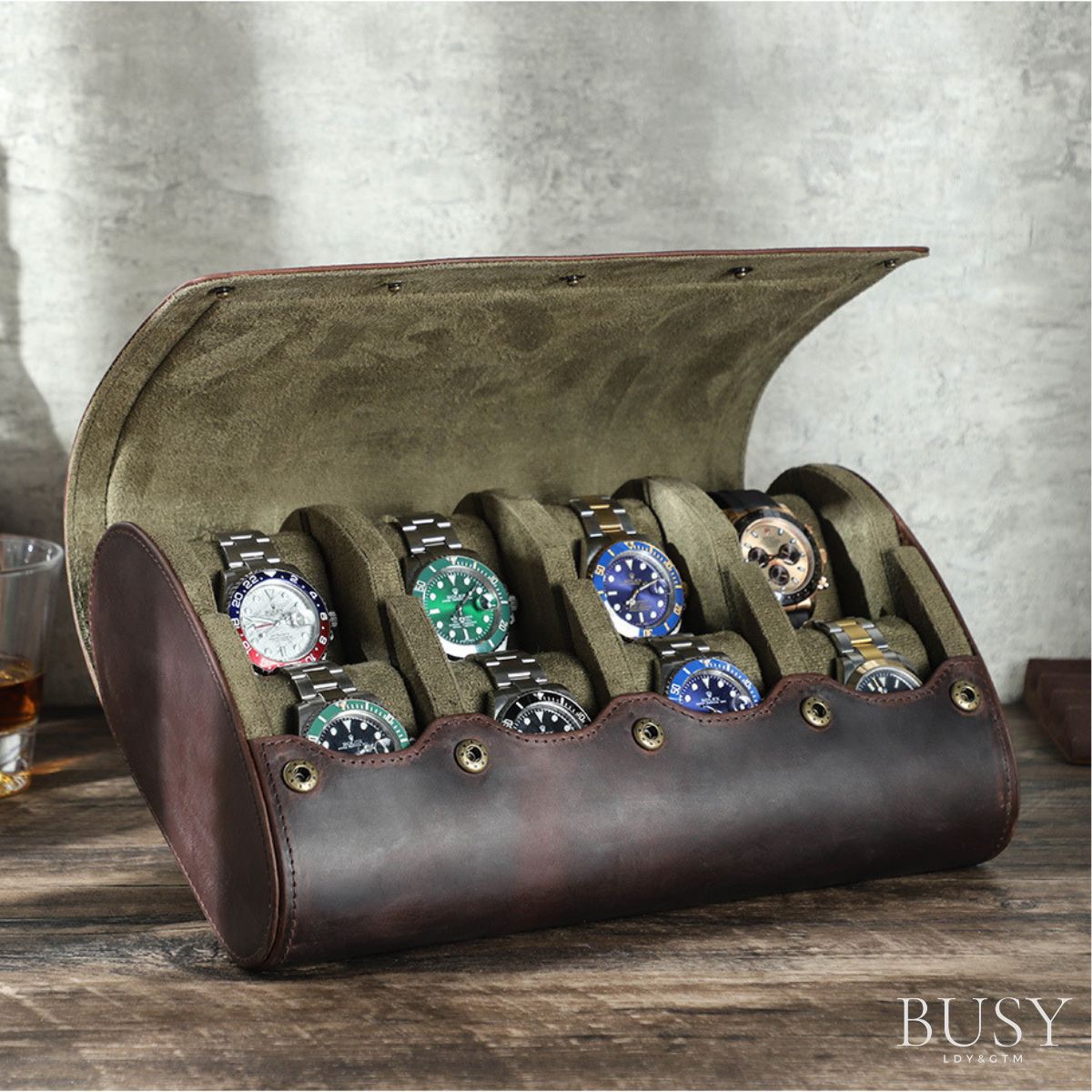 Cutie pentru colecția de ceasuri din piele naturală Crazy Horse | Watch Roll Premium pentru 8 ceasuri | BUSY LDY & GTM® Graal - coffee
