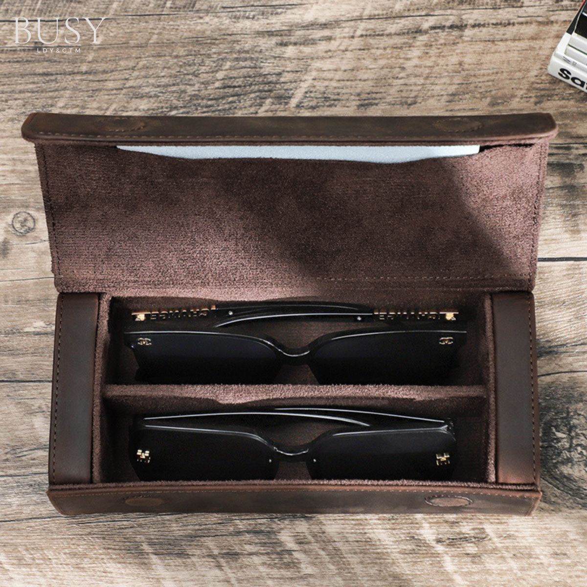 Toc pentru ochelari din piele naturala Crazy Horse, 2 perechi, BUSY LDY & GTM® - coffee