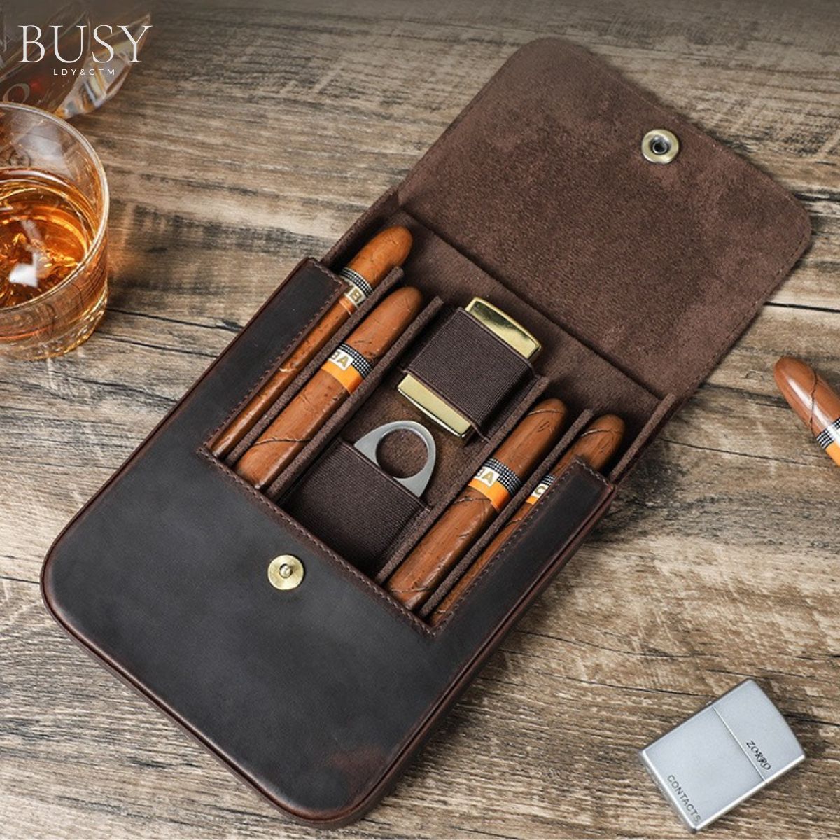 Cutie pentru trabucuri si accesorii, din piele naturala Crazy Horse, BUSY LDY & GTM®  Character - coffee