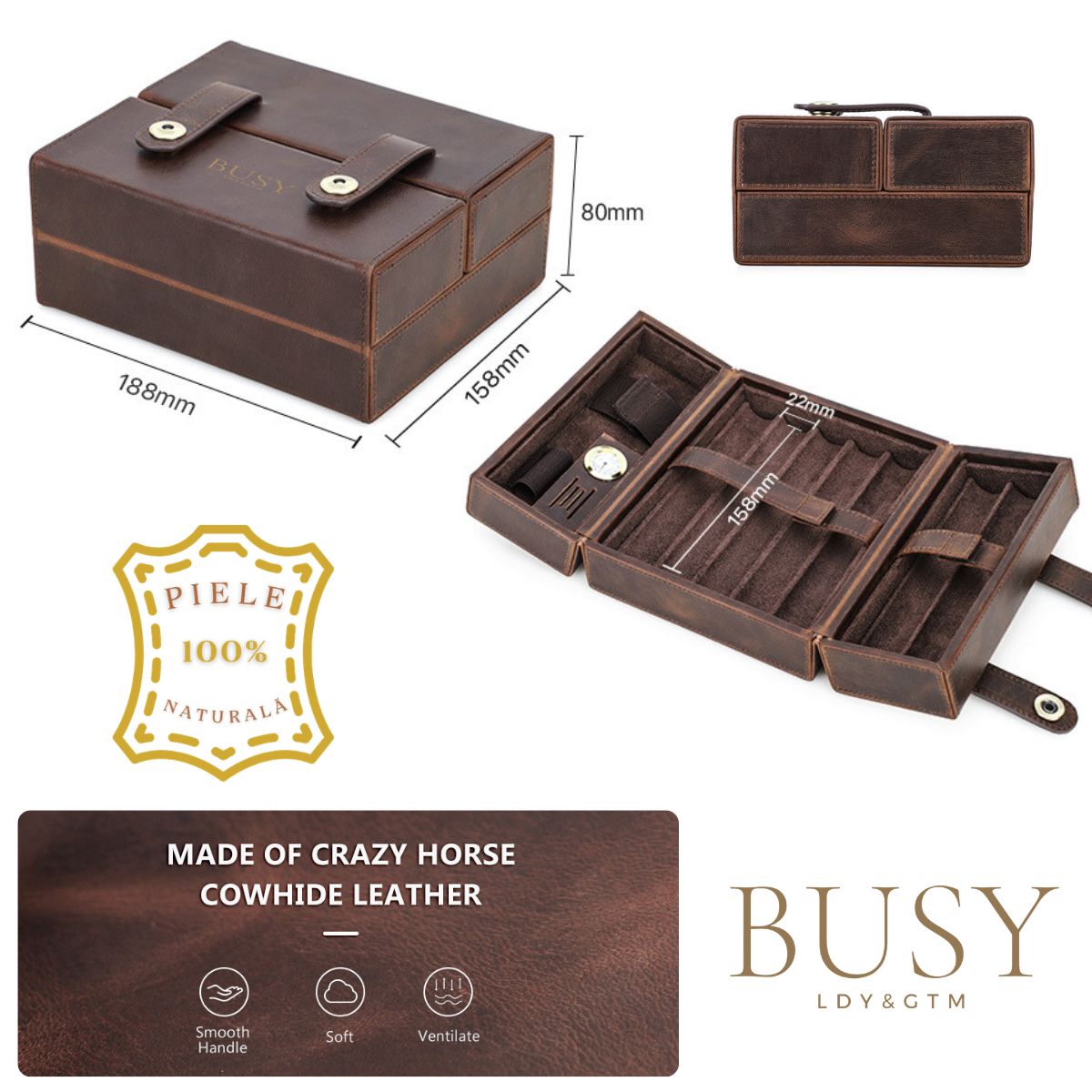 Cutie pentru Trabucuri și Accesorii din Piele Naturală Crazy Horse, cu Higrometru, Prestige BUSY LDY & GTM® - Coffee
