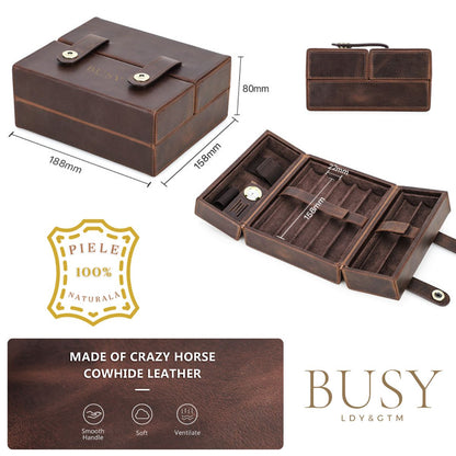 Cutie pentru Trabucuri și Accesorii din Piele Naturală Crazy Horse, cu Higrometru, Prestige BUSY LDY & GTM® - Coffee