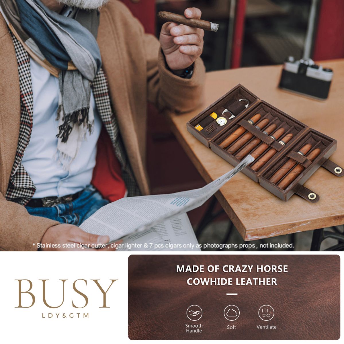 Cutie pentru Trabucuri și Accesorii din Piele Naturală Crazy Horse, cu Higrometru, Prestige BUSY LDY & GTM® - Coffee
