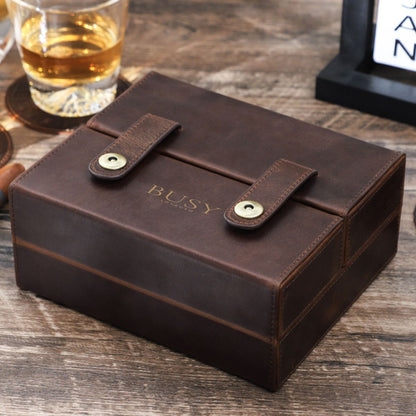 Cutie pentru Trabucuri și Accesorii din Piele Naturală Crazy Horse, cu Higrometru, Prestige BUSY LDY & GTM® - Coffee