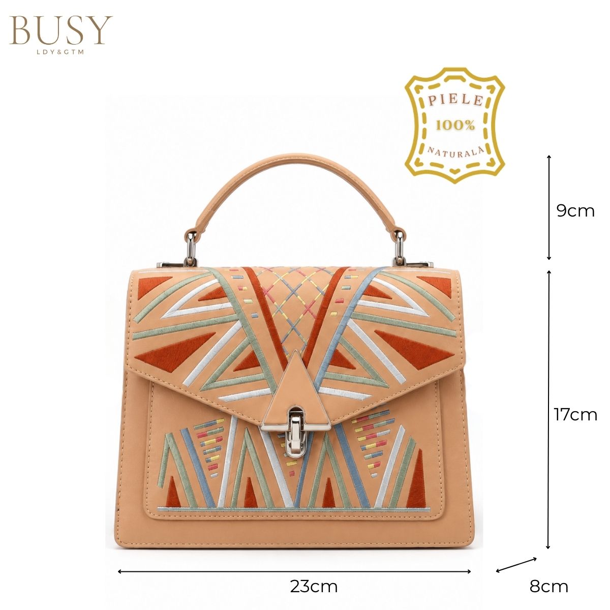 Geantă din piele naturală brodată multicolor, BUSY Lady & Gentleman® Ana – Beige