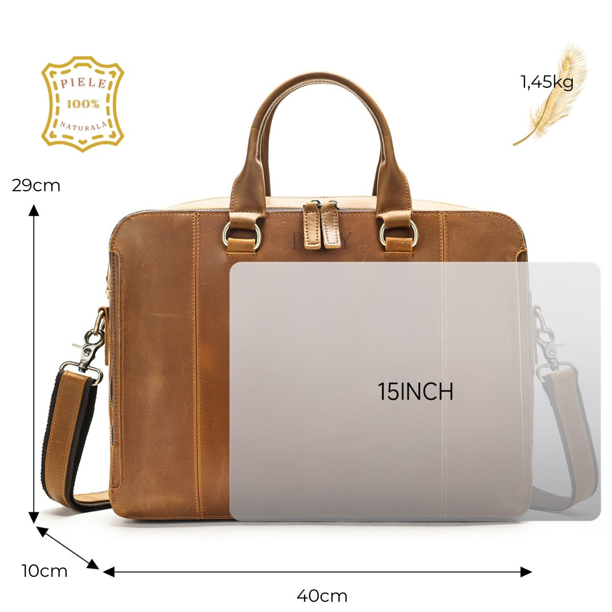 Geanta laptop 15,6'' din piele naturală Crazy Horse, Leon - maro