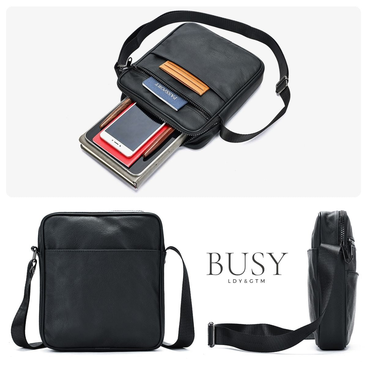 Geantă Bărbați Neagră din Piele Naturală Simo, Slim, 1 Compartiment principal, BUSY LDY & GTM®