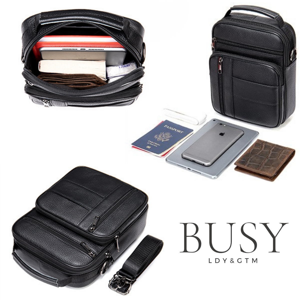 Geantă Bărbați Neagră din Piele Naturală Creed, 2 Compartimente principale, BUSY LDY & GTM®