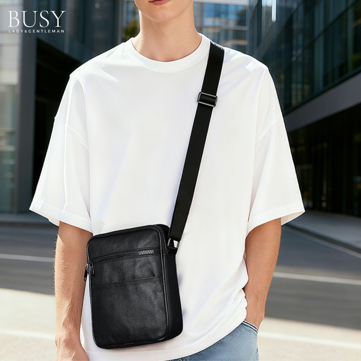 Geantă Bărbați Neagră din Piele Naturală Simo, Slim, 1 Compartiment principal, BUSY LDY & GTM®