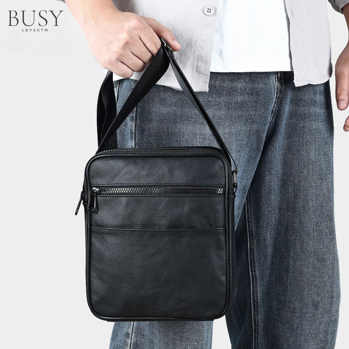 Geantă Bărbați Neagră din Piele Naturală Simo, Slim, 1 Compartiment principal, BUSY LDY & GTM®