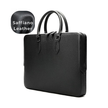 Geantă laptop 14’' din piele naturală Saffiano, slim, suport troler - Negru