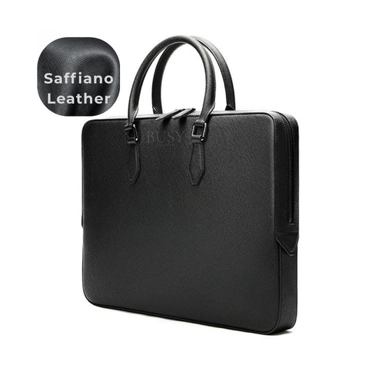 Geantă laptop 14’' din piele naturală Saffiano, slim, suport troler - Negru