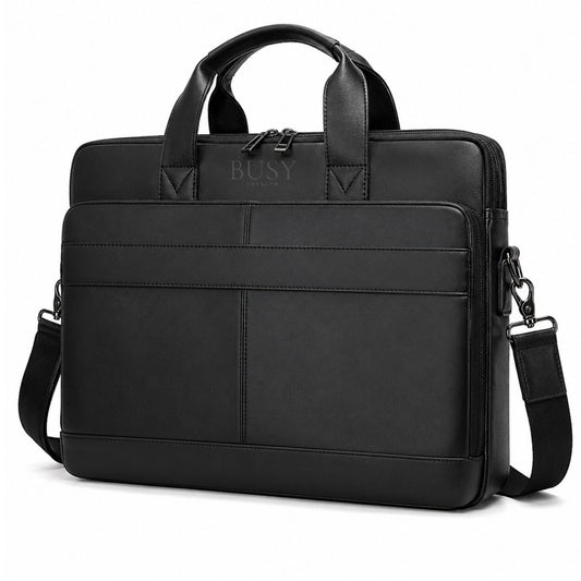 Geanta laptop 15,6 inch din piele naturală, suport troler, Tor - Negru