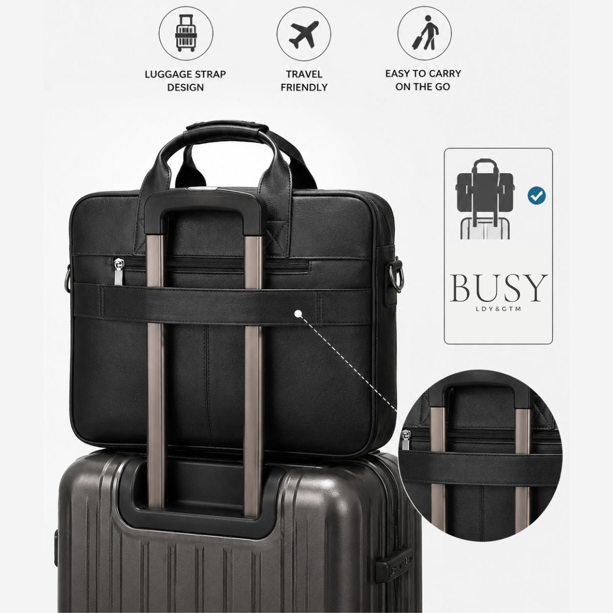 Geanta laptop 15,6 inch din piele naturală, suport troler, Tor - Negru