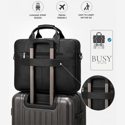 Geanta laptop 15,6 inch din piele naturală, suport troler, Tor - Negru