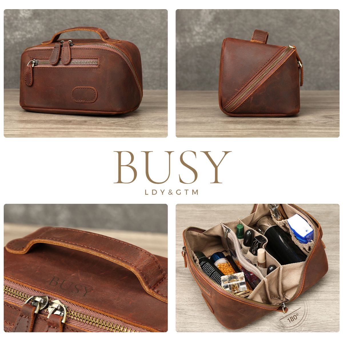Geanta cosmetice piele naturala crazy horse travel Sole Busy Lady & Gentleman maro