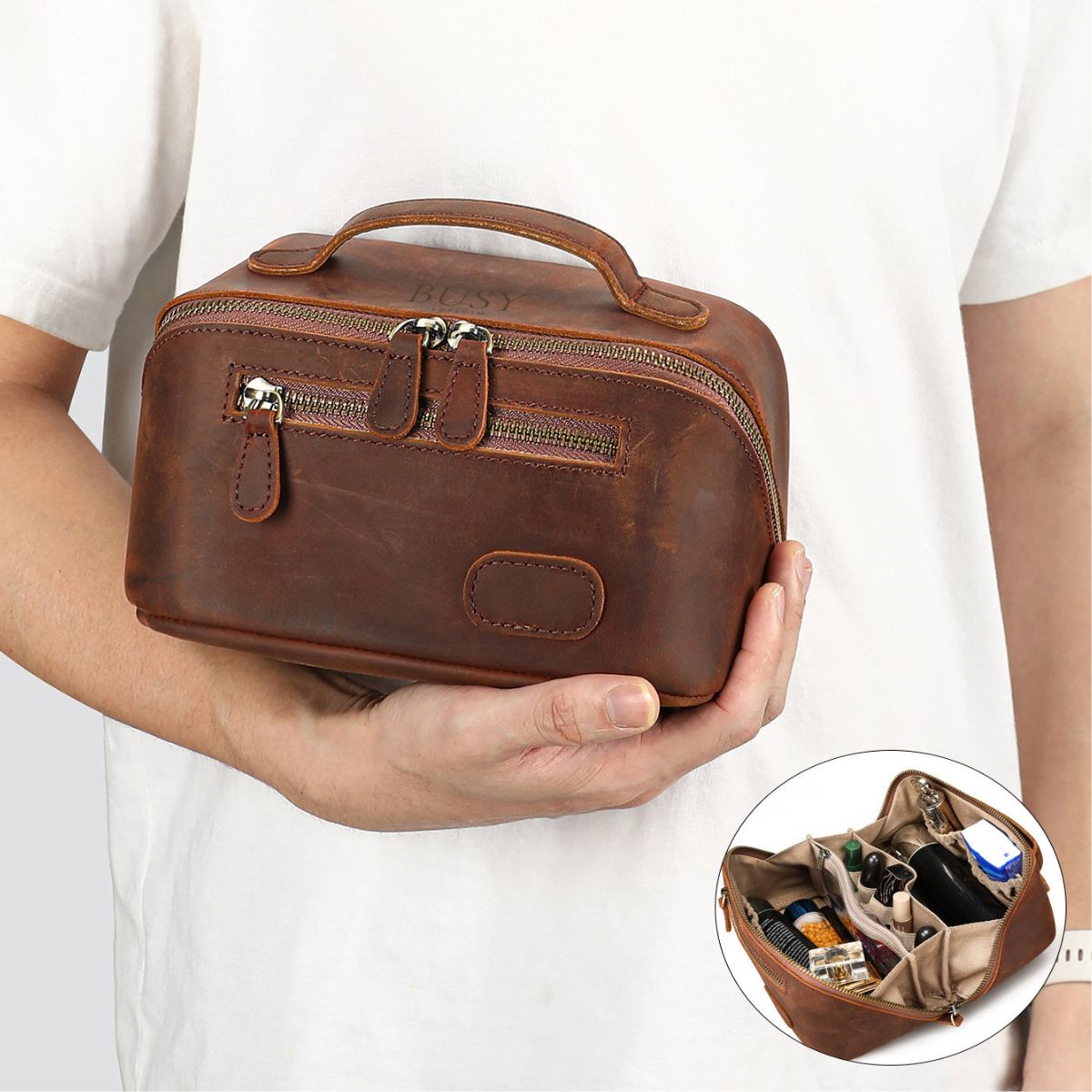 Geanta cosmetice piele naturala crazy horse travel Sole Busy Lady & Gentleman maro