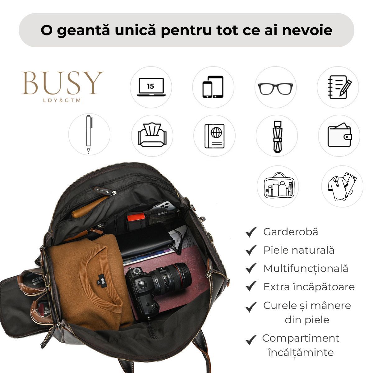 Geanta voiaj piele naturala sala avion business garderoba Atlas Busy Lady & Gentleman negru
