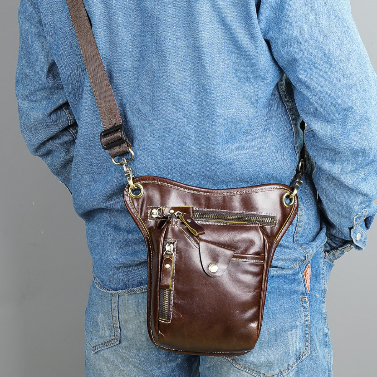 Geantă bărbați Ranger, piele naturală, umăr/ brâu + prindere picior, 4 buzunare, BUSY LDY & GTM® maro