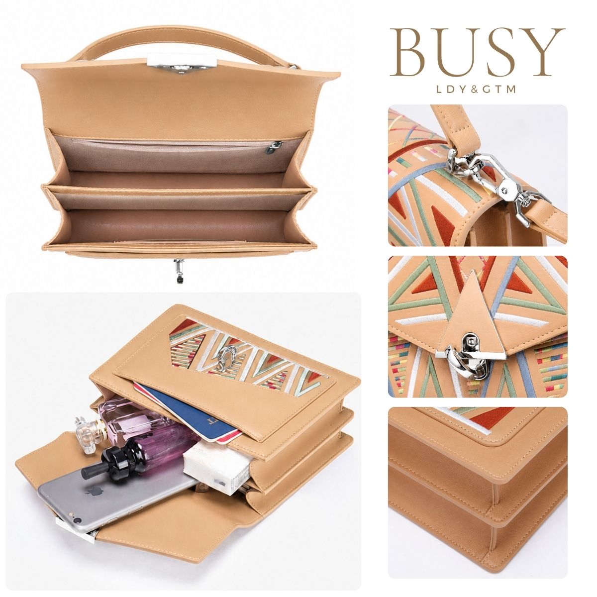 Geantă din piele naturală brodată multicolor, BUSY Lady & Gentleman® Ana – Beige
