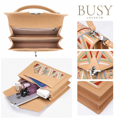 Geantă din piele naturală brodată multicolor, BUSY Lady & Gentleman® Ana – Beige