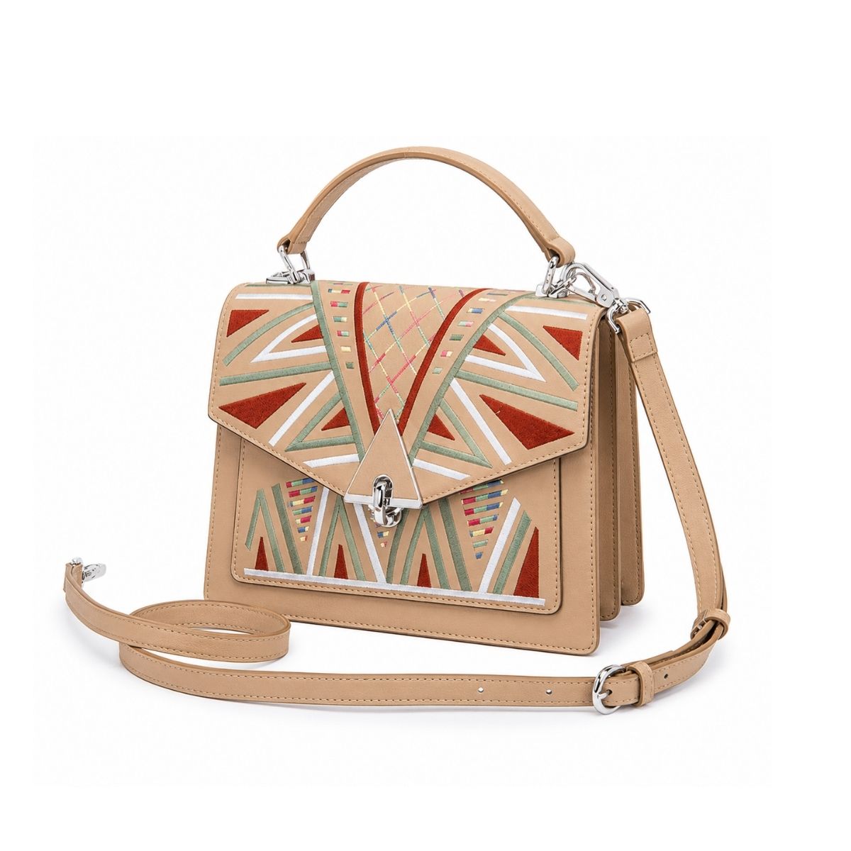 Geantă din piele naturală brodată multicolor, BUSY Lady & Gentleman® Ana – Beige