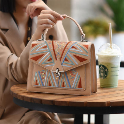Geantă din piele naturală brodată multicolor, BUSY Lady & Gentleman® Ana – Beige