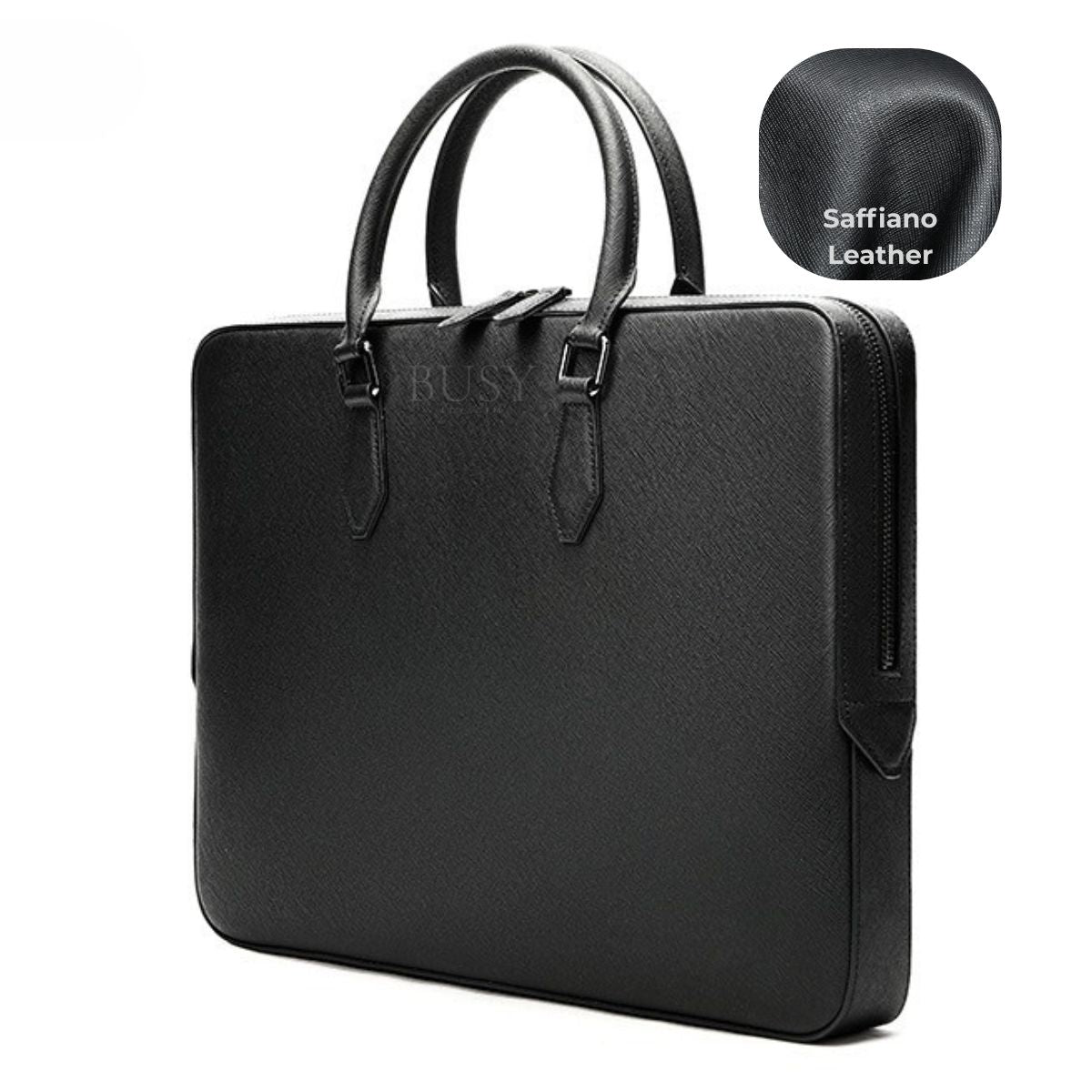 Geantă laptop 14’' din piele naturală Saffiano, slim, suport troler - Negru