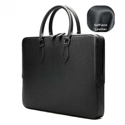 Geantă laptop 14’' din piele naturală Saffiano, slim, suport troler - Negru