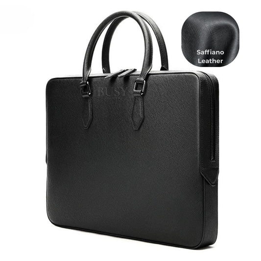 Geantă laptop 14’' din piele naturală Saffiano, slim, suport troler - Negru