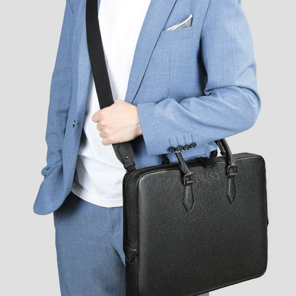 Geantă laptop 14’' din piele naturală Saffiano, slim, suport troler - Negru