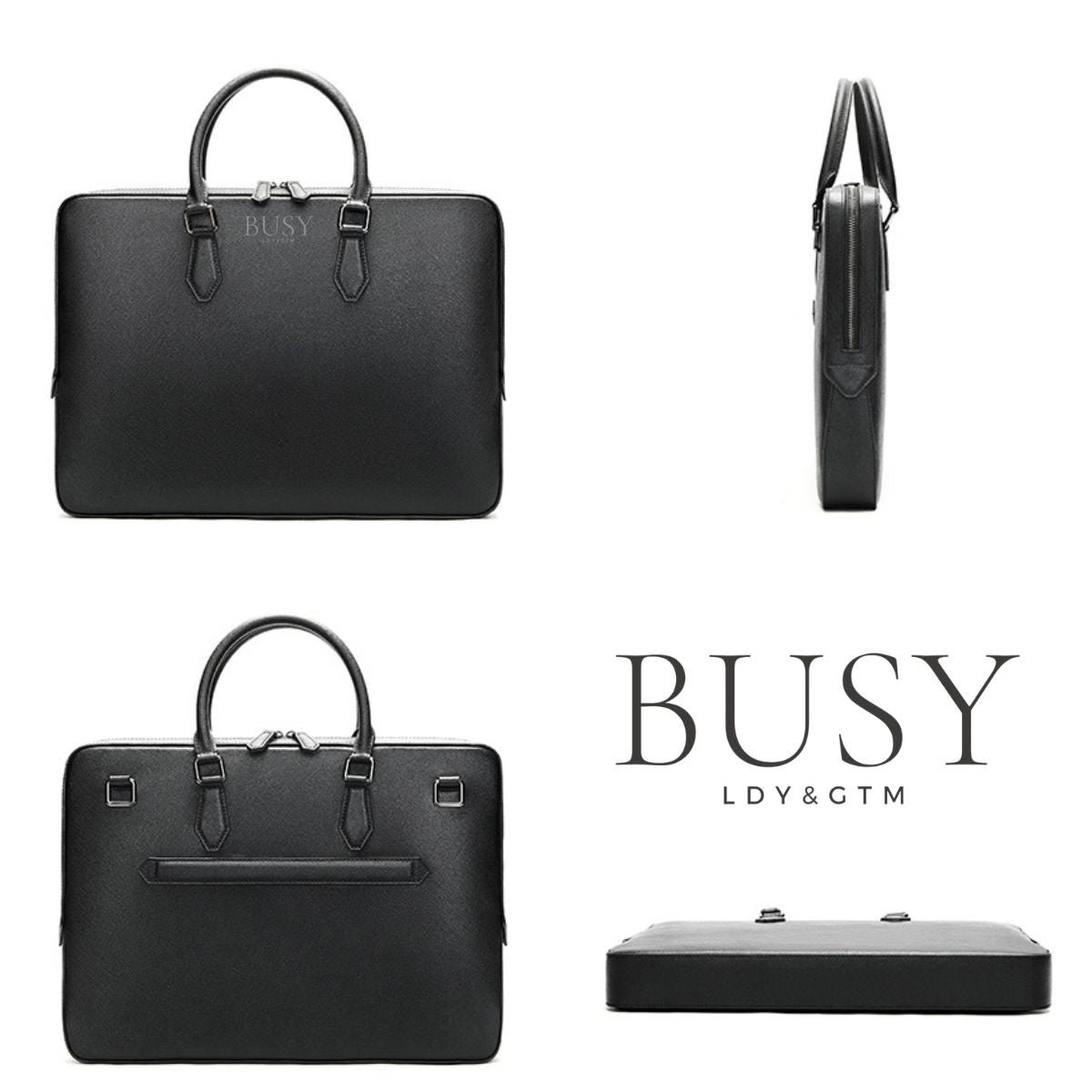 Geantă laptop 14’' din piele naturală Saffiano, slim, suport troler - Negru