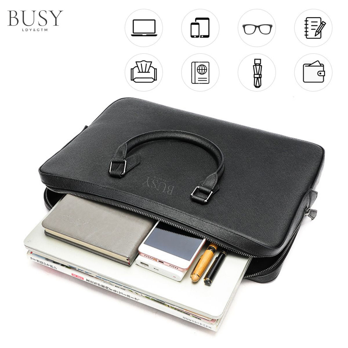Geantă laptop 14’' din piele naturală Saffiano, slim, suport troler - Negru